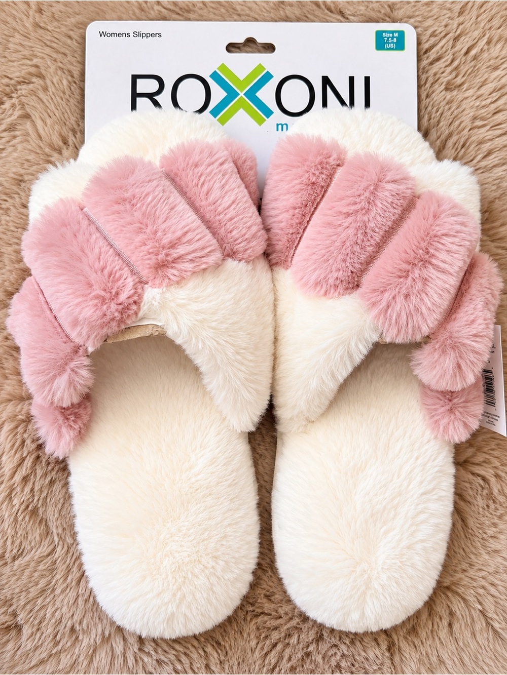 Roxxoni Women's Pink & Cream Plush Slide Slippers